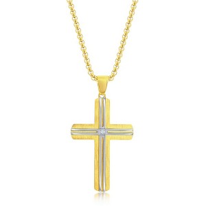 Metallo Stainless Steel Gold & Silver Lined Single CZ Cross Necklace - Gold - 24 Inch - 1 of 3