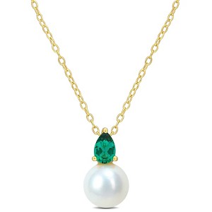 EVERLY JEWELRY  |   Yellow Plated Sterling Silver 3/8 CT TGW Created Emerald & 8.5 - 9 MM Cultured Freshwater  Pearl Fashion Pendant With Chain - 1 of 3