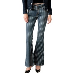 Slickblue Women's Mid Waist Stripe Flare Jeans, Destroyed Hem, Stretch Fit, Zipper Closure, Size 26, Blue - 1 of 4