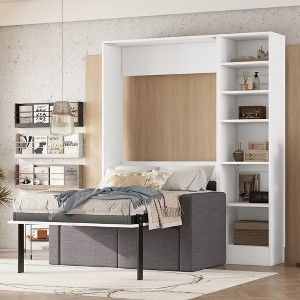 Full/Twin Size Murphy Bed Wall Bed with 3/2 Seat Sofa and Storage Shelves, White+Gray -ModernLuxe - 1 of 4