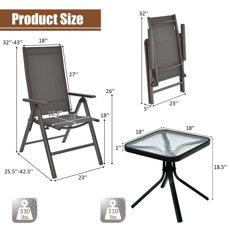 Costway 3PCS Bistro Set Folding Adjustable Chairs Square Glass Table Garden, 4 of 9