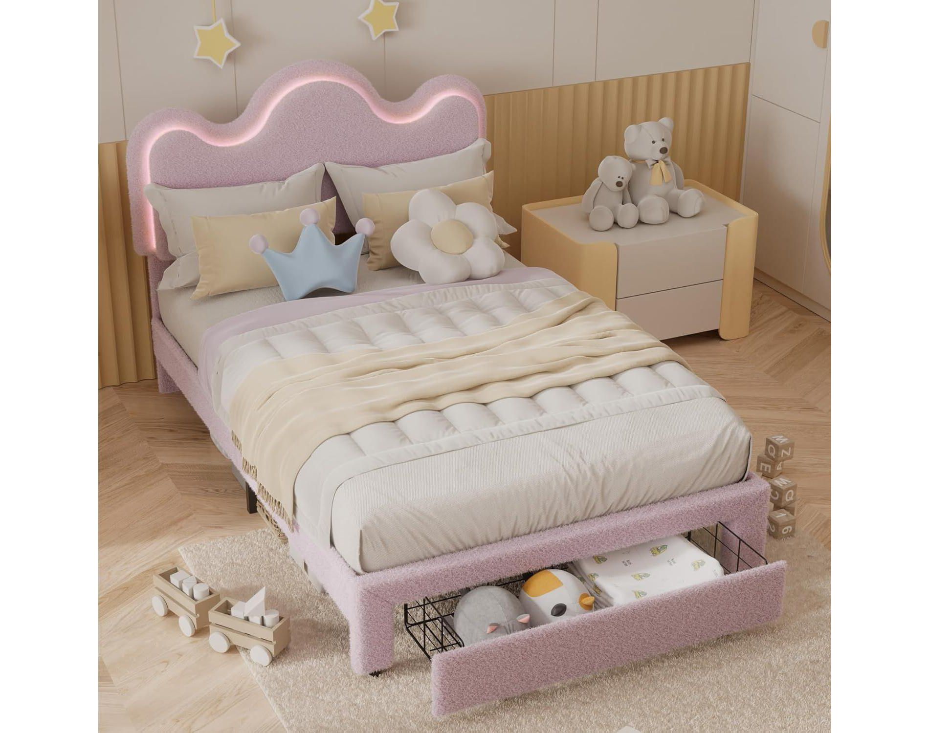 Full Bed Frame with Adjustable Upholstered Headboard Princess Boucle Bed Frame with LED Light Drawers Strong Wood Slat Support for Kids/Girls, Pink