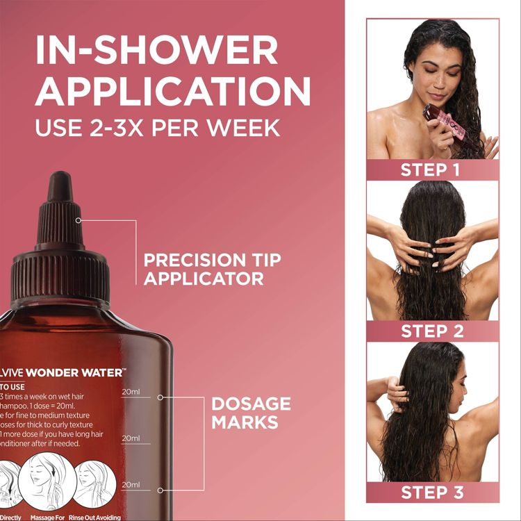Bottle of hair treatment with precision tip applicator and dosage marks, alongside three-step in-shower application guide.