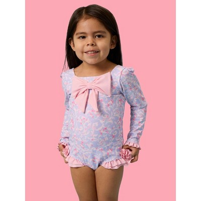 RuffleButts Girls UPF50+ Big Bow Ruffle Long Sleeve Rash Guard One Piece Swimsuit - Lavender Floral Princess, 6 — фото 2