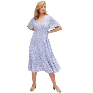 ellos Plus Size Tiered Midi Dress With Surplice Neckline - 1 of 4