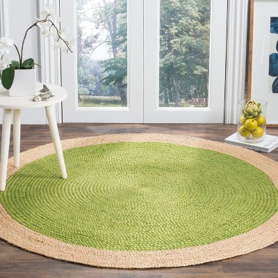 Green and Natural Round Braided Jute Rug, 5 ft