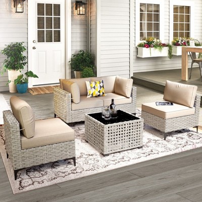 XIZZI 5PCS Furniture Set, Rattan Modular Sectional Sofa, Outside Coversation Set with Solar Coffee Table for Porch Balcony Backyard Poolside