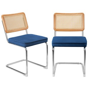 COWLOWN Navy Blue 2 Piece Mid - Century Rattan Dining Chairs, Metal Legs, Armless Cane Back Design, Upholstered for Dining Room and Kitchen Use - 1 of 4