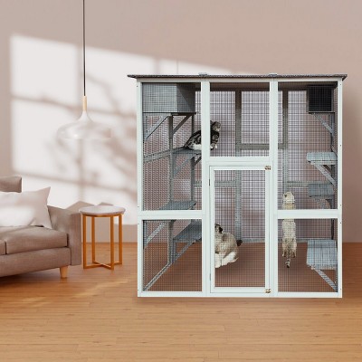 Cat House, Solid Wood cat House For Outside With Anti-UV& Waterproof, Cat Cage Big With 7 Platforms And 2 Resting Boxes-Cuddlewood
