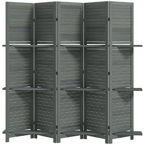 5 Panel 67" Tall Wood Privacy Screen Room Divider with 3 Shelves and Folding Storage for Bedroom - 1 of 4