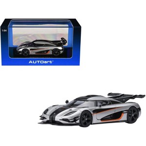 Koenigsegg One:1 Moon Gray Metallic with Carbon and Orange Stripes 1/64 Diecast Model Car by Autoart - 1 of 4