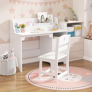 Kids Desk and Chair Set, Wooden Children Study Table with Storage Cabinet & Hutch, Student Writing Table for 3-12 Years Girls Boys Bedroom Nursery - 1 of 4