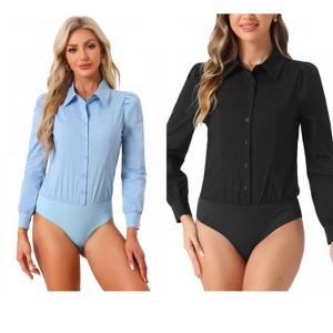 INSPIRE CHIC Women's Collared Business Casual Button Down Long Sleeves Bodysuit Leotard Shirt 2 Packs - 1 of 4
