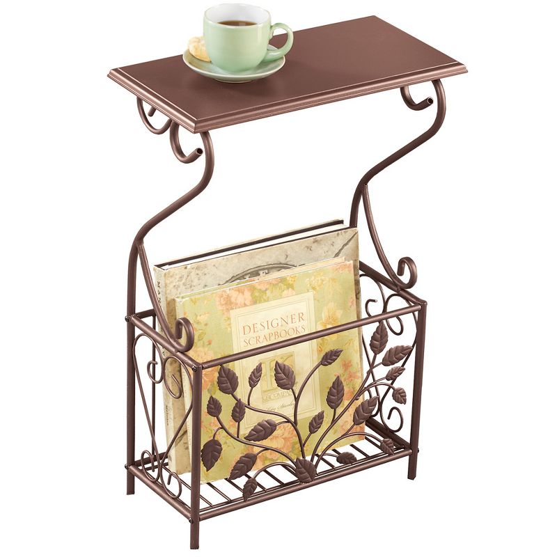 Collections Etc Leaves Iron and Wood Magazine Holder Side Table 14.25 X 7 X 22.25 Bronze, 1 of 3