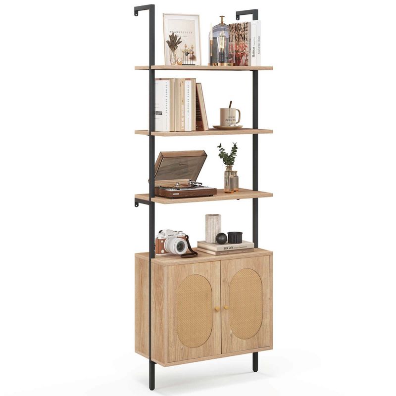 Costway 1/2 PCS Ladder Bookshelf with Rattan Cabinet 71" Tall Wall Mounted Bookcase Natural, 1 of 11
