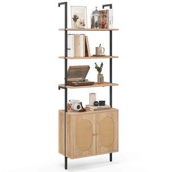 Costway 1/2 PCS Ladder Bookshelf with Rattan Cabinet 71" Tall Wall Mounted Bookcase Natural