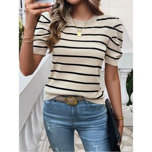 Coolmee Women's Summer Short Puff Sleeve Knit Tops Striped Sweater Trendy Business Casual Outfits Work Blouses - 1 of 4