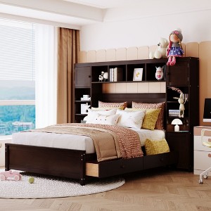 Full Size Wooden Bed with All-in-One Cabinet and Shelf - 1 of 4