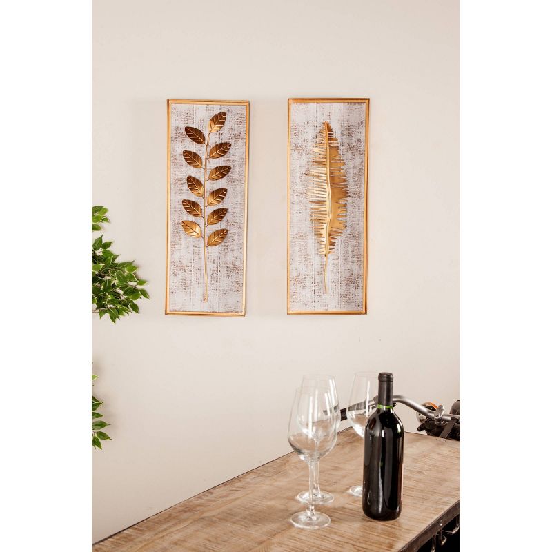 Metal Leaf Framed 3D Wall Decor with Distressed Wood Backing Set of 3 Gold - Olivia &#38; May, 4 of 26