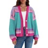 Imily Bela Womens Button Up Striped Cardigan Oversized V Neck Puff Sleeve Color Block Knit Coat - 2 of 4