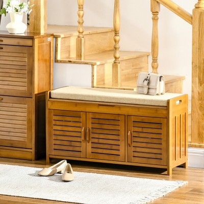 Brown Bamboo Entryway Shoe Bench with Linen Cushion and Storage