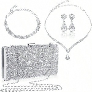 4 Piece Clutch Purses for Women Evening Rhinestone Jewelry Set with Necklace, Earrings, Bracelets for Wedding - 1 of 4