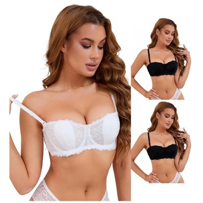 INSPIRE CHIC 3 Pcs Women's Lace Underwired Adjustable Straps Padded Tube Balconette Bras