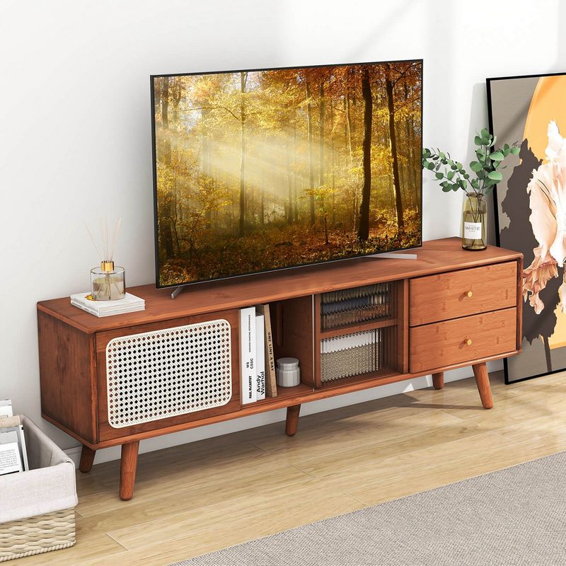 Costway Bamboo TV Stand Console Table with PE Rattan  Door & 2 Drawers for TV up to 65" Brown/Natural, 3 of 11