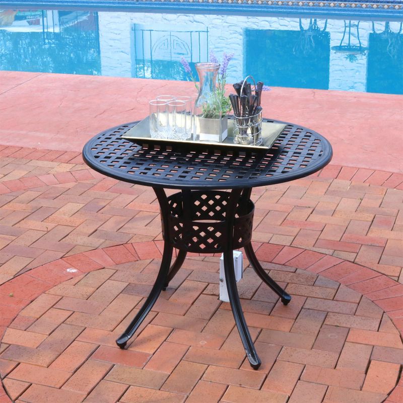 Sunnydaze Round Lattice Design Cast Aluminum Outdoor Patio Table with Umbrella Hole, Black, 5 of 10