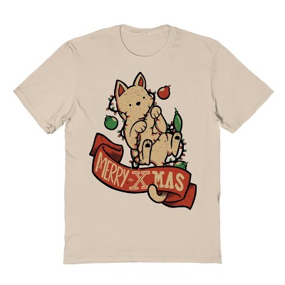 Rerun Island Men's Merry Xmas Cat Short Sleeve Graphic Cotton T-Shirt