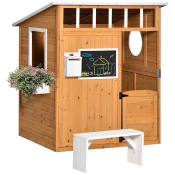 Outsunny Wooden Playhouse for Kids Outdoor, Garden Games Cottage, with Working Door, Windows, Mailbox, Bench, Flowers Pot Holder, 48" x 42.5" x 53"