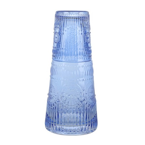 Aqua Handblown Recycled Glass Carafe and Cup Set (Pair), 'Delicate Aqua