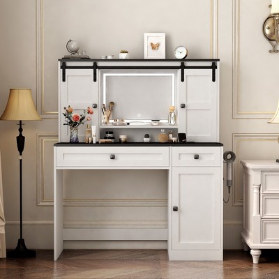 NicBex Vanity Desk with Mirror and Lights Farmhouse Makeup Vanity with LED Mirror and Hair Dryer Holder, Multilayer Storage Shelves, White