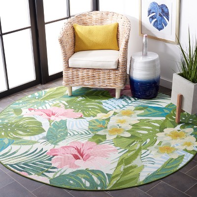 Tropical Floral Round Green and Pink Synthetic Area Rug