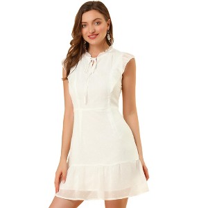 Allegra K Women's Swiss Dots Chiffon Flutter Sleeve Tie Neck Summer A-Line Mini Dress - 1 of 4