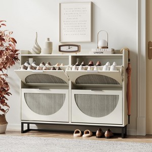 Large Rattan Shoe Storage Cabinet with Flip Drawers & Metal Legs - 1 of 4