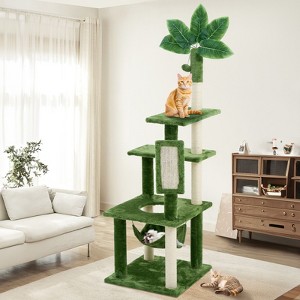Modern Multicoloured 600 GSM Soft Plush Cat Tree Pet Tower with Sisal Post and Hanging Ball, Fake Real Leaves - 1 of 4