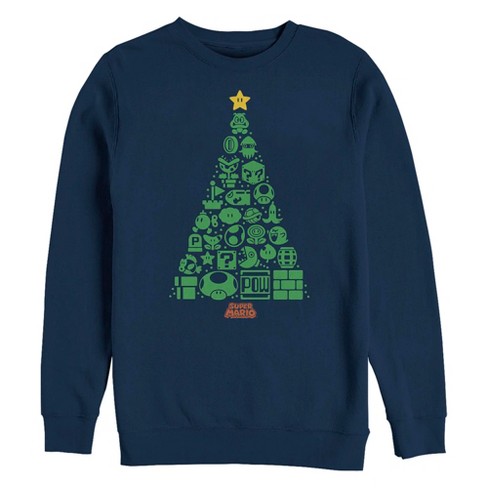 Men s Nintendo Christmas Tree Mosaic Sweatshirt Navy Blue Large