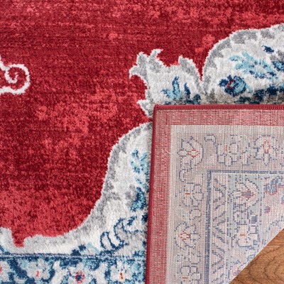 Hand-Knotted Red and Ivory Synthetic Square Rug
