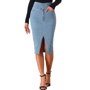 Allegra K Women's High Waist Split Hem Pencil Midi Casual Denim Skirt - 1 of 4