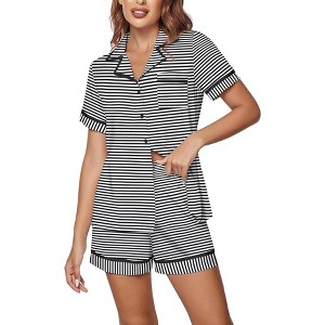 Ekouaer Women's Pajama Sets 2 Piece Short Sleeve Button Down Tops and Pants Pj Set V Neck Sleepwear Loungewear Chest Pocket - 1 of 4