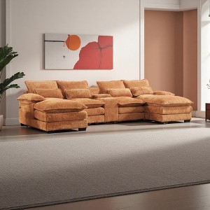 123" Chenille U-Shaped Sectional Sofa with Console, USB & Cup Holders, 6-Seater - 1 of 4