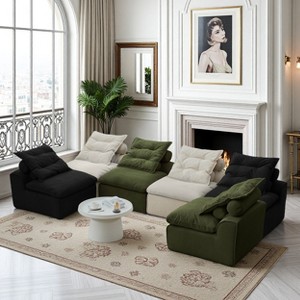 GDFStudio Maelo 132" Modern 6-Seater Corduroy Upholstered Sectional Sofa with Neck and Lumbar Pillows - 1 of 4