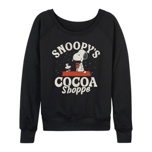Women's - Peanuts - Snoopys Cocoa Shoppe Lightweight French Terry Wide Neck Long Sleeve Graphic Shirt - 1 of 4