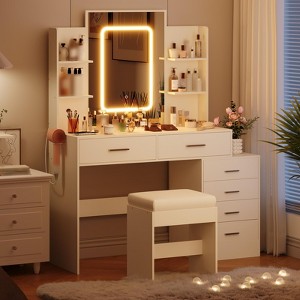 Vanity Desk with Mirror, LED Lights, Power Outlet, Makeup Vanity Table with 6 Drawers - 1 of 4