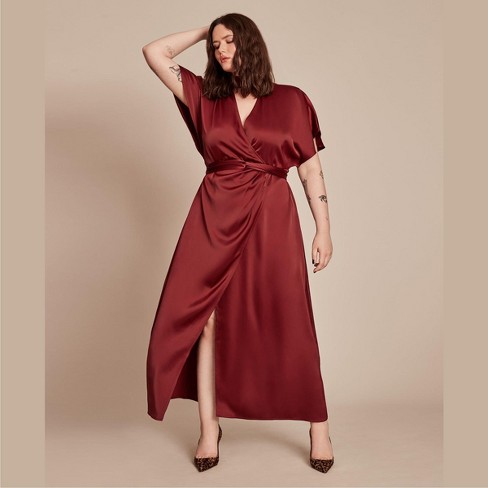 Textured satin sleeveless surplice wrap dress featuring self-tie