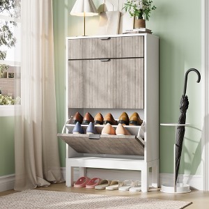 Garvee Shoe Storage Cabinet with 2/3/4 Flip Drawers,Farmhouse Fluted Shoe Organizer,Freestanding Hidden Slim Narrow Shoe Rack for Entryway,Foyer - 1 of 4