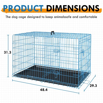 Large Blue Metal Double-Door Dog Crate with Tray