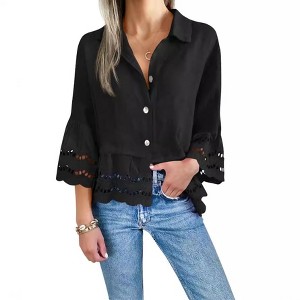 Women's Floral Lace Bell Sleeve Hollow - Out Blouse, Button - Down Collared Shirt with Crochet Detailing - 1 of 2