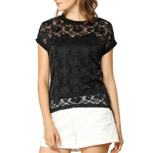 Allegra K Women's Curved Hem Sheer Short Sleeves Floral Lace Blouse - 1 of 4